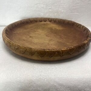 VTG Large Teak Wood‎ Hand Carved Wooden Bowl Woven Edge Accent Rustic Boho 15"